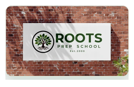 Roots Prep School signage mockup with the horizontal logo on a brick wall