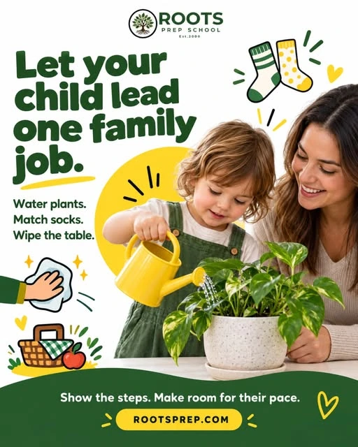 Roots Prep School social post showing a child caring for a plant with the school's identity