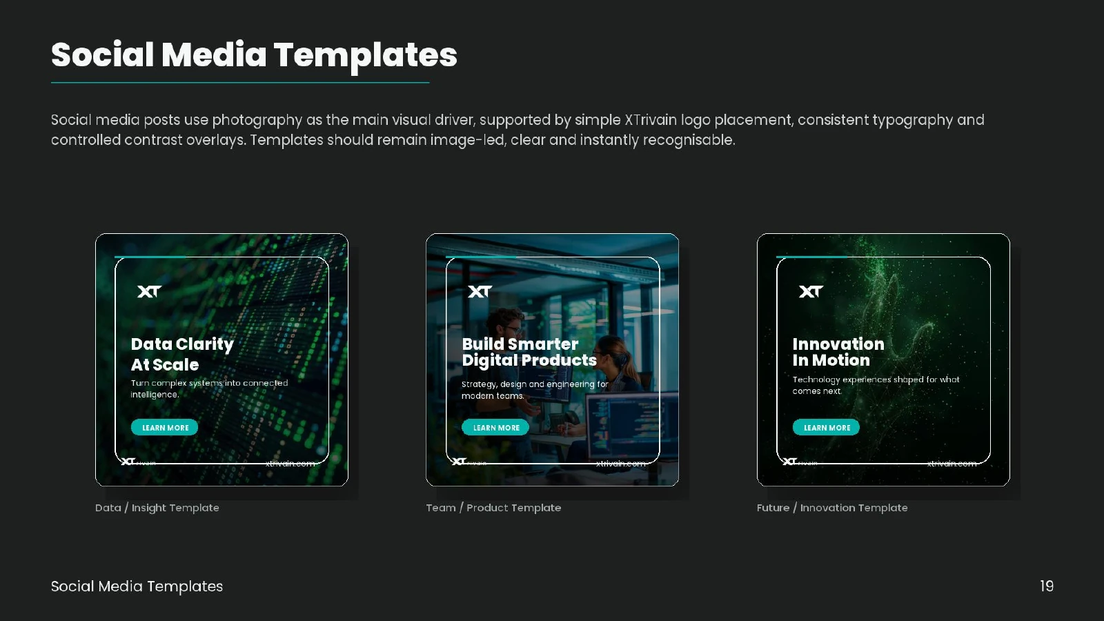 Three XTrivain social-media templates documented in the brand guidelines.