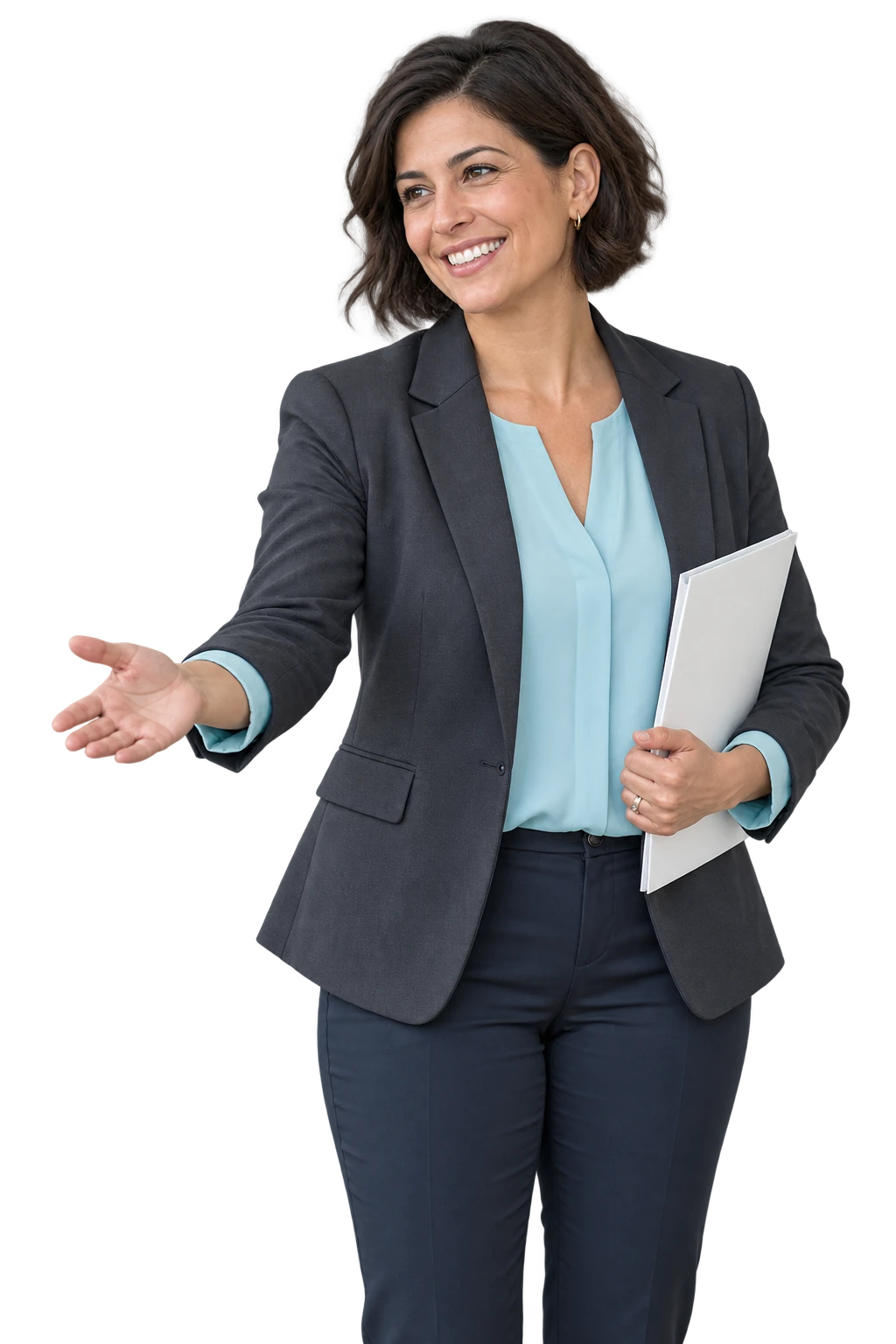 Welcoming admissions representative smiling and extending an open hand while holding a folder
