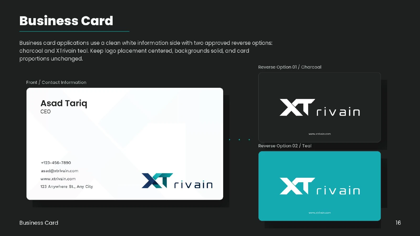 XTrivain business-card designs in white, charcoal and teal from the original brand guidelines.