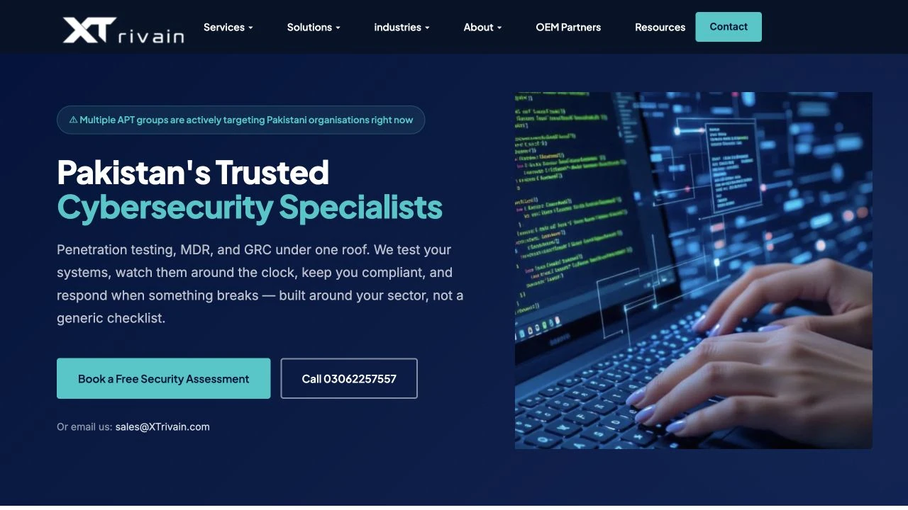Actual XTrivain desktop homepage with cybersecurity services and a security-assessment link.