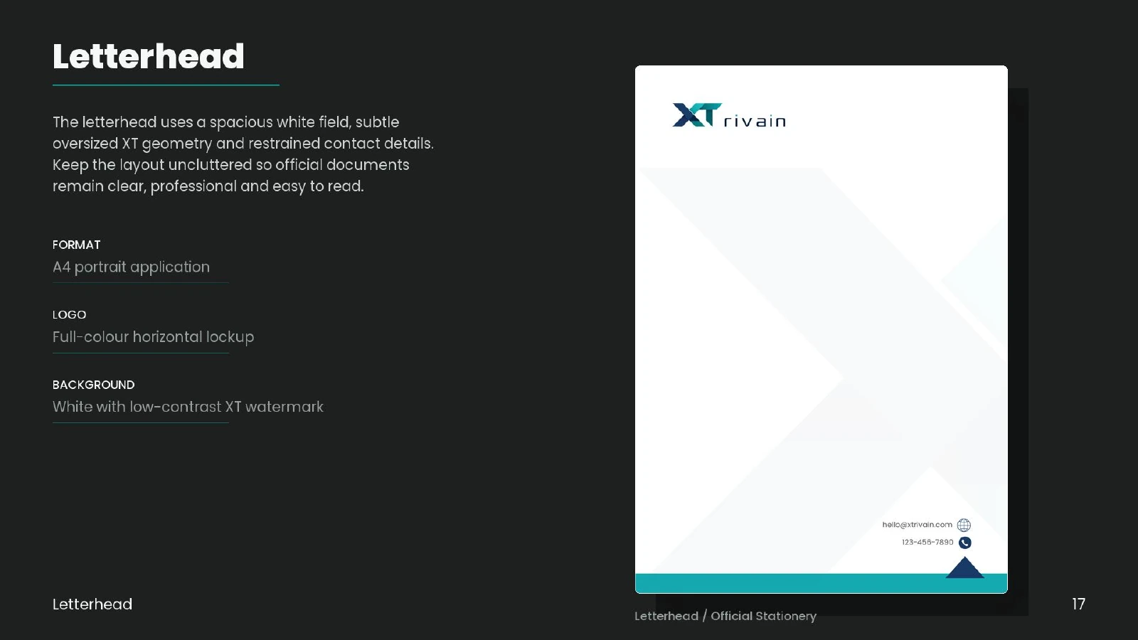 XTrivain letterhead design with the original logo and teal footer.